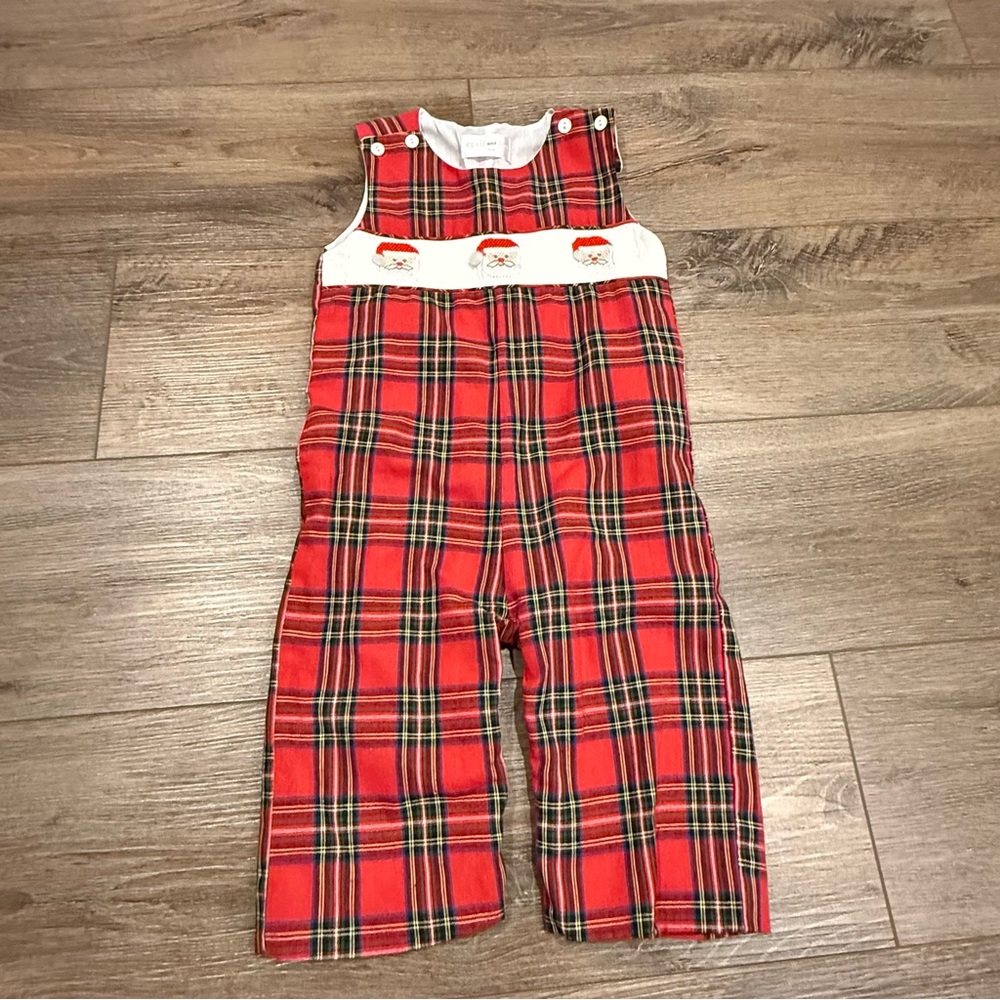 Cecil and Lou Red Plaid Kids Holiday Overalls with Embroidered Santa